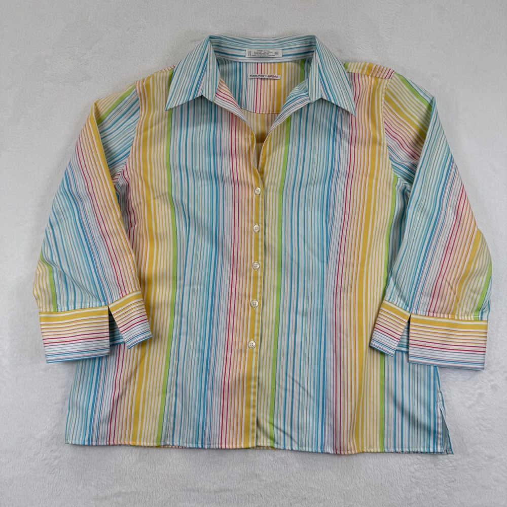 Foxcroft Sport Womens Button Up Shirt Rainbow Stripe Cotton Blend Size 16